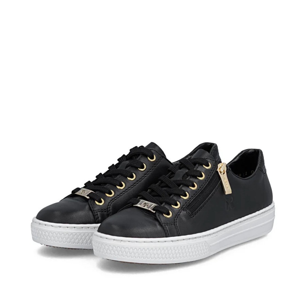 Women’s Black Low-Top Leather Sneakers with Gold Accents